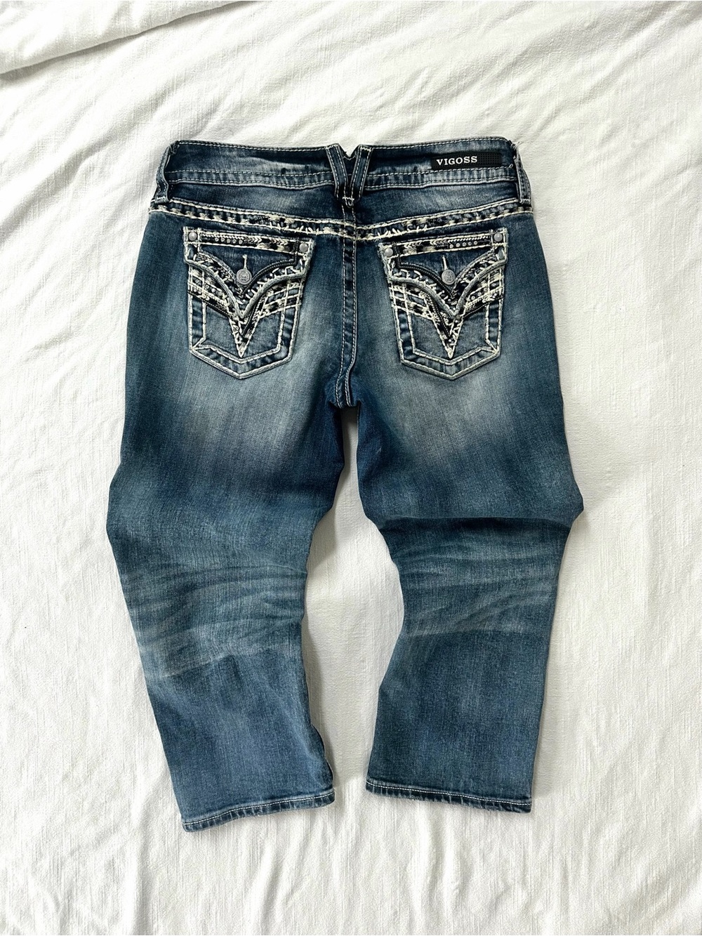 Y2K Low Rise Embellished Capri Jeans — Vigoss stitched pocket denim mcbling M